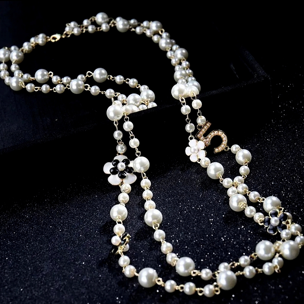 Exquisite Designer Inspired #5 Double Strand Black White Pearl Flower Ne…